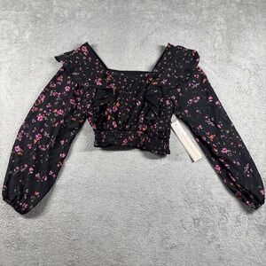 NEW Aqua Girls Ruched Long Sleeve Top Shirt Black Size Medium 9/10 NWT